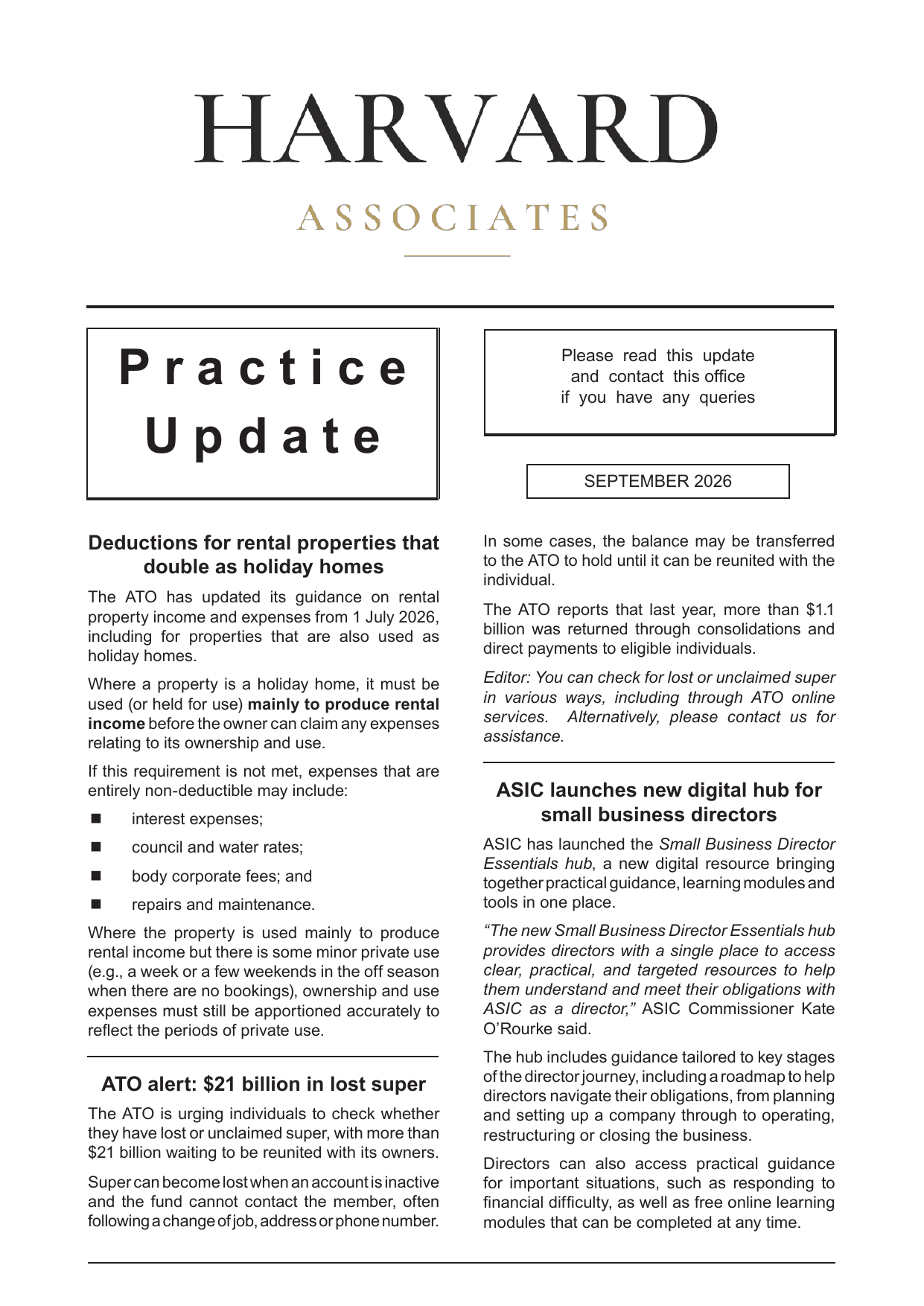 Practice Update — September 2026, page 1 of 2